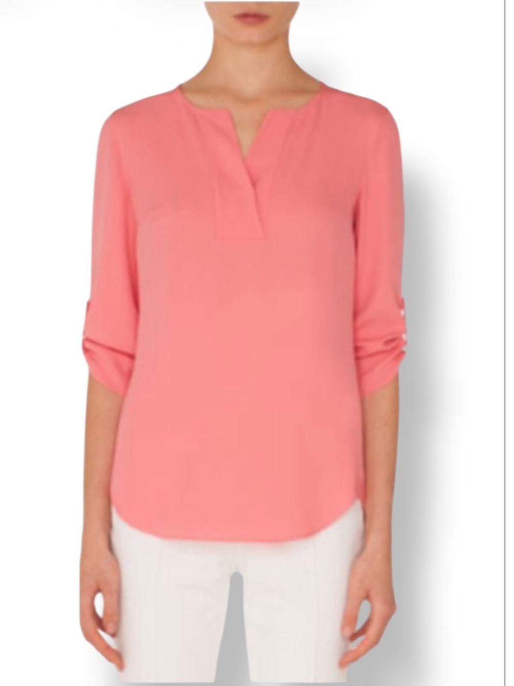 Akris Punto Split-Neck 3/4-Sleeve 100% Silk Blouse Tunic In Corral Size 8